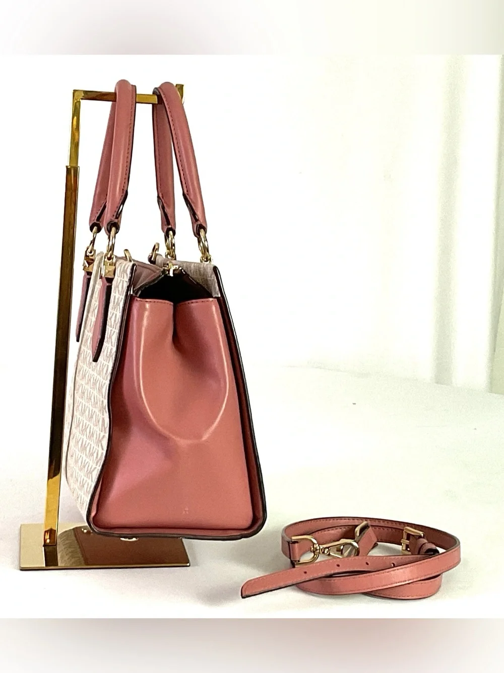 Michael Kors -“MARILYN”-medium logo striped satchel